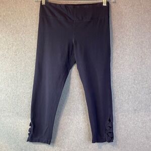 Betsey Johnson Performance Leggings‎ Women's Sz M Navy Lattice Hem Cropped EUC